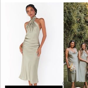 Show Me Your Mumu Jasmine Halter Midi Dress in Moss Green Luxe Satin